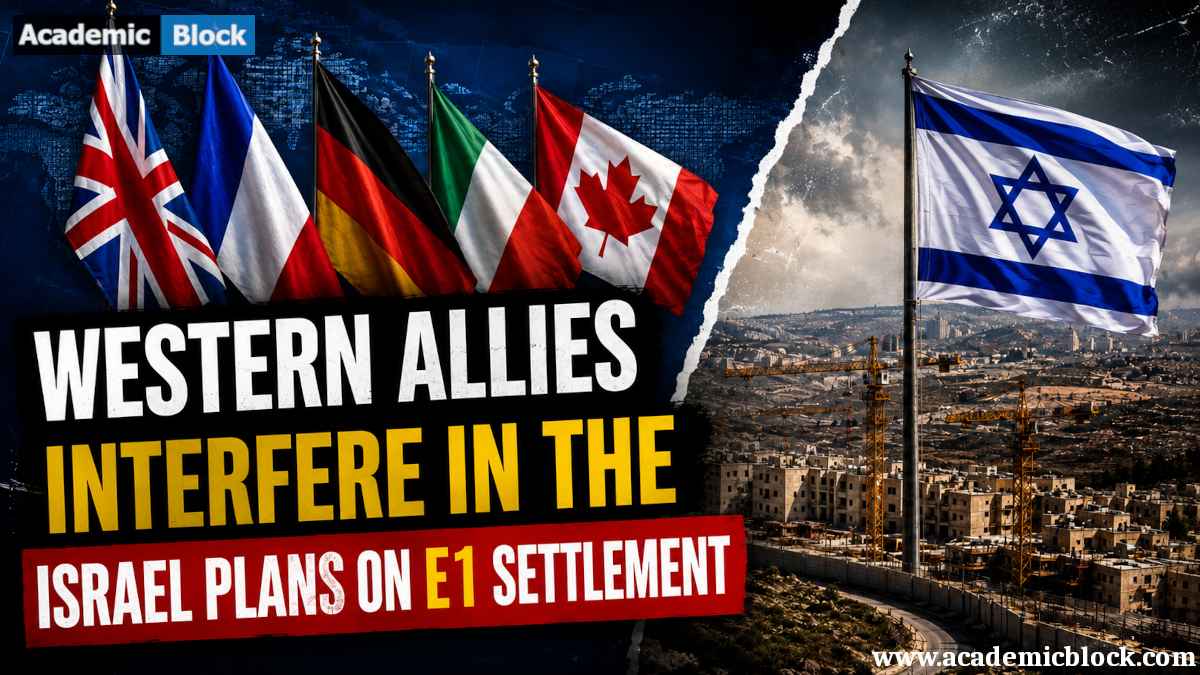 Image showing Western allies challenging Israel over E1 settlement plans, with UK, French, German, Italian, and Canadian flags shown beside an Israeli flag and settlement construction.