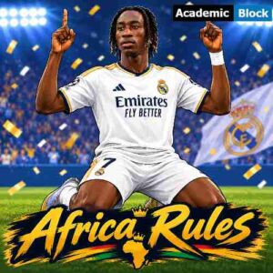 African soccer player kneeling on the pitch after scoring a goal, pointing to the sky in Real Madrid jersey