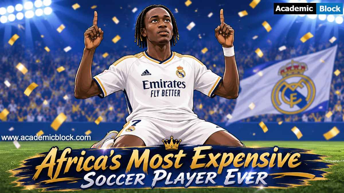 African soccer player kneeling on the pitch after scoring, pointing to the sky in tribute, wearing a Real Madrid jersey.