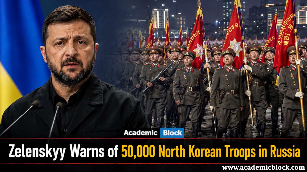 Image showing Zelenskyy warns of up to 50,000 North Korean troops deploying to Russia amid growing military cooperation.
