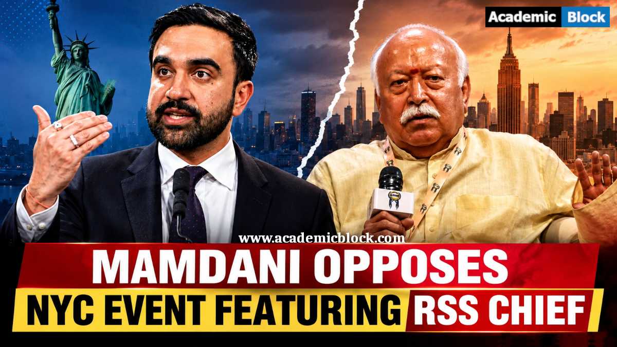 image showing Zohran Mamdani and RSS chief Mohan Bhagwat featured in a news thumbnail about Mamdani opposing the NYC event