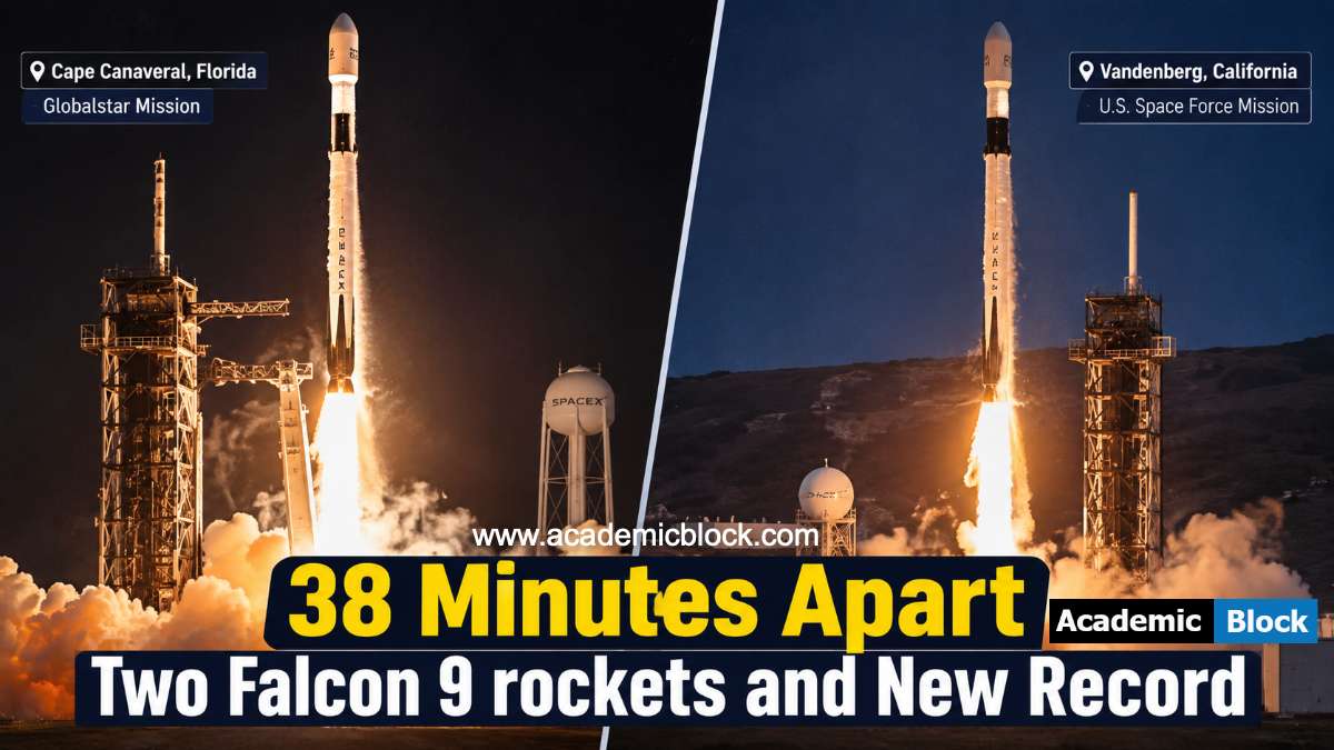 Image show split screen view showing two Falcon 9 rockets launching on 15 August 2026, left side Florida night launch with Globalstar payload, right side California launch for U.S. Space Force.