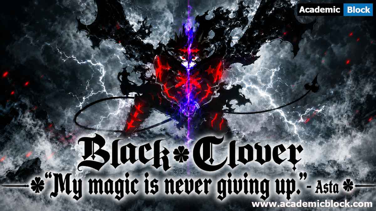 A dark, cinematic Black Clover anime-inspired poster featuring Asta-Devil Union Base Form, Beneath it, the quote “My magic is never giving up.” by Asta appears in a large matching gothic font, stretching across the base for strong visual impact.