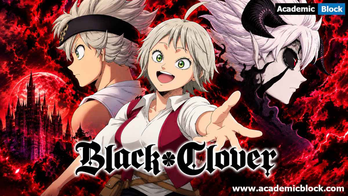 Asta, Licita (Richita: asta's mom and the adoptive mother of Liebe), and Liebe (Asta's Grimoire Devil) from Black Clover are featured in a dramatic anime visual highlighting their powerful bond, familial connection, and Anti-Magic legacy.