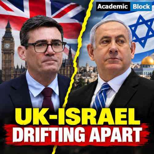 UK Prime Minister Prime Minister Andy Burnham l and Israeli Prime Minister Benjamin Netanyahu with UK and Israel flags, highlighting growing diplomatic tensions and the UK-Israel relationship drifting apart.