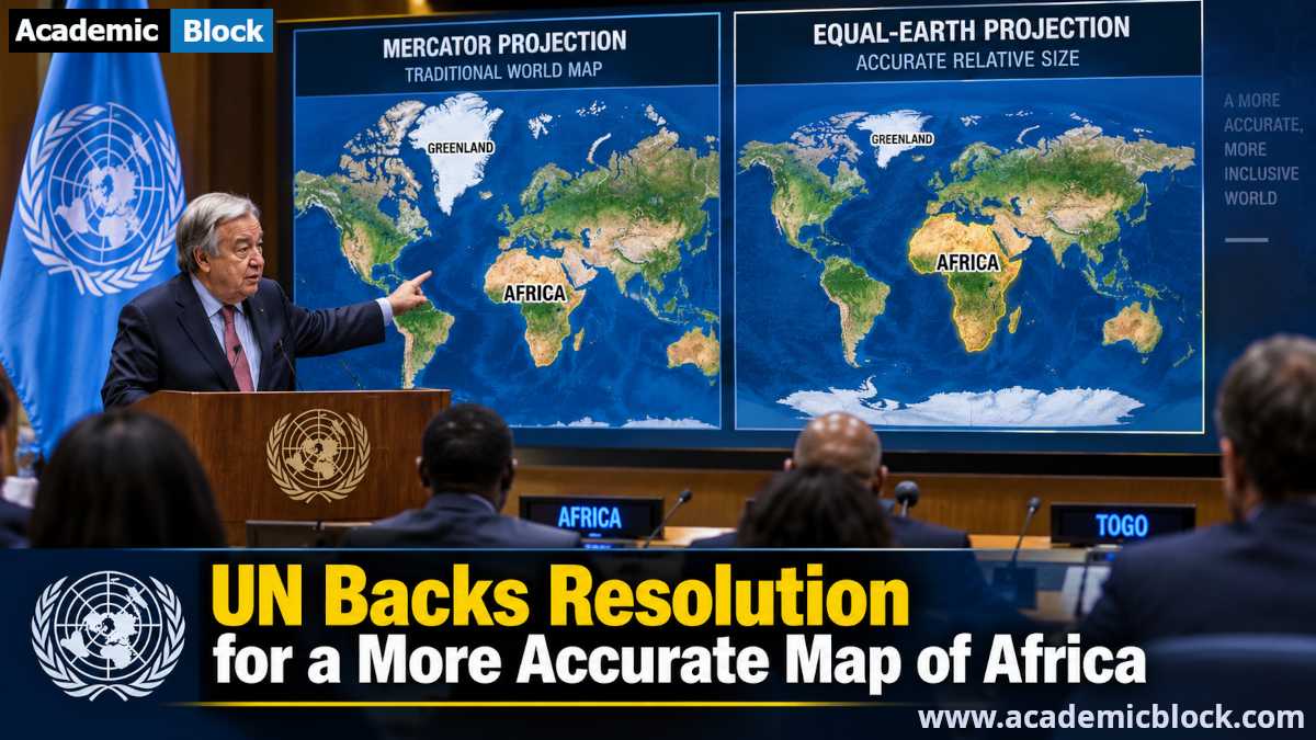 An image showing António Guterres presents the UN-backed resolution for a accurate map of Africa, comparing the Mercator and Equal Earth projections.