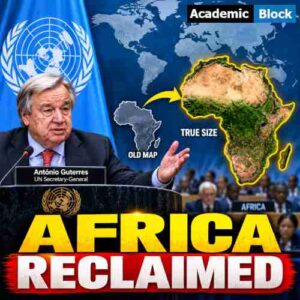 Image showing António Guterres at the United Nations with a world map showing Africa’s true size, highlighting the UN-backed Africa Reclaimed map campaign.