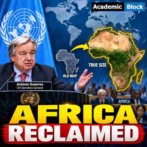 Image showing António Guterres at the United Nations with a world map showing Africa’s true size, highlighting the UN-backed Africa Reclaimed map campaign.