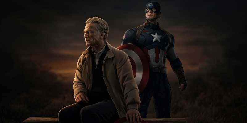 Image shows old Captain America gazing forward with young Captain America standing behind him.