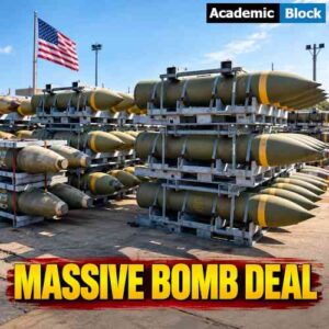 Image showing BLU-109 and MK-84 2,000-pound bombs sit on display in military storage racks with the U.S. flag in the background.