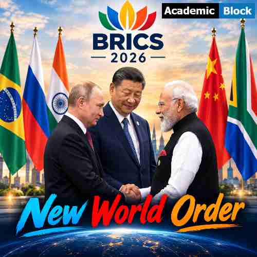 Image show Russian president Vladimir Putin, Chinese president Xi Jinping, and Prime Minister of India Narendra Mod, shaking hands at BRICS 2026 in India.