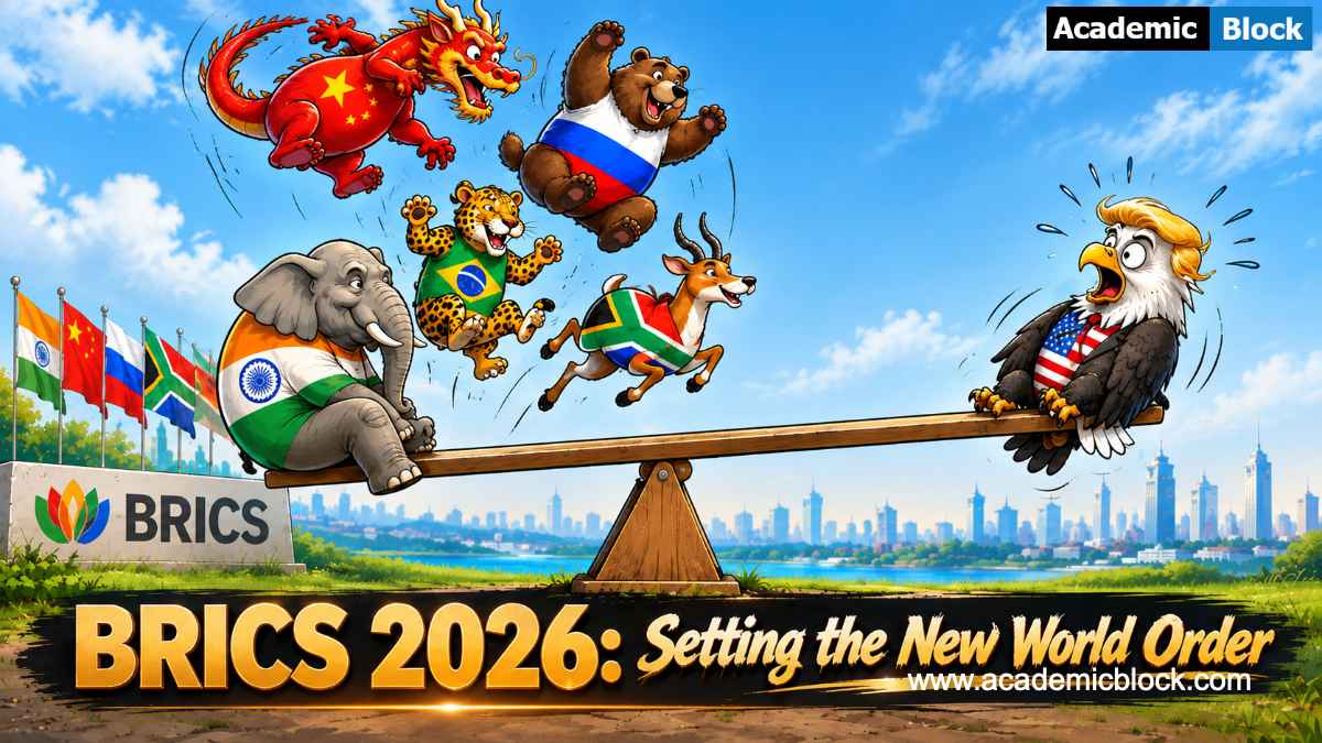  Image shows a cartoon where BRICS countries are sitting on one side of the seesaw, while US is sitting on the other side. BRICS side is winning. 