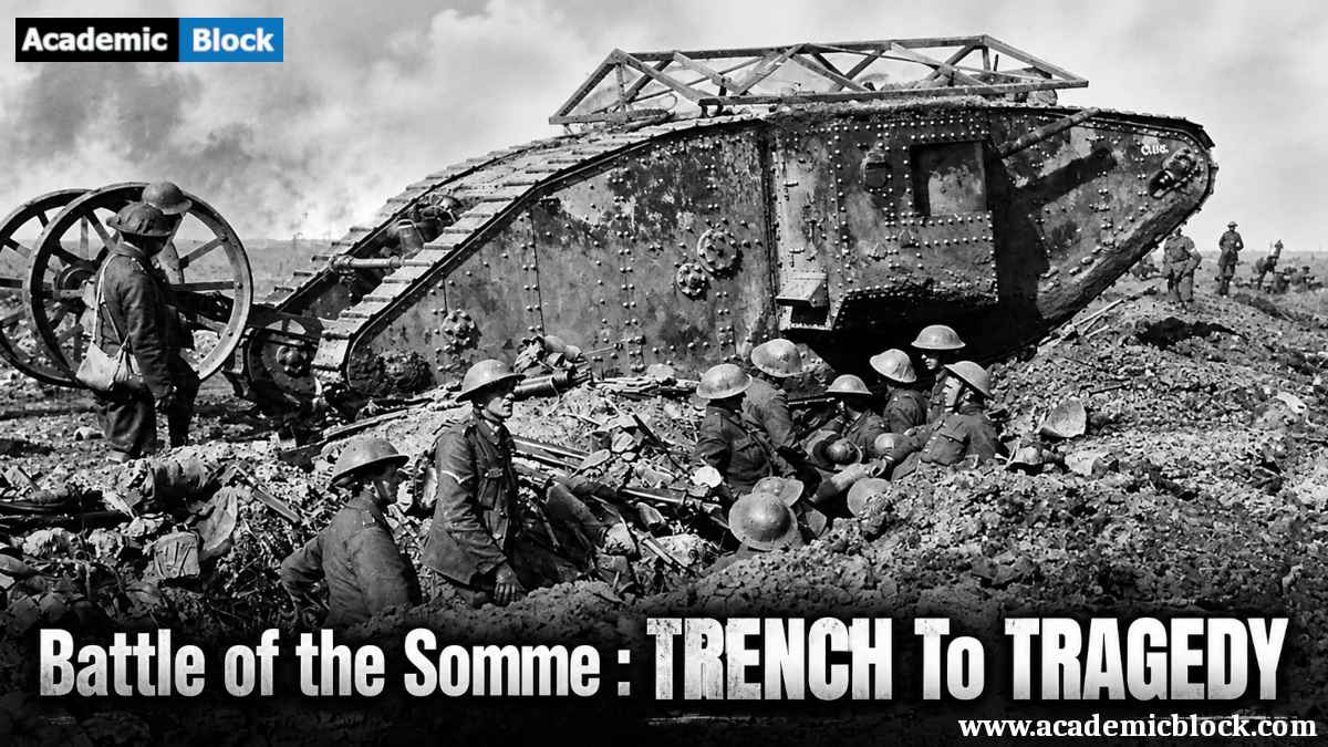 A black-and-white historical scene showing WWI soldiers beside a stranded tank on the devastated Somme battlefield, highlighting the brutality of trench warfare.