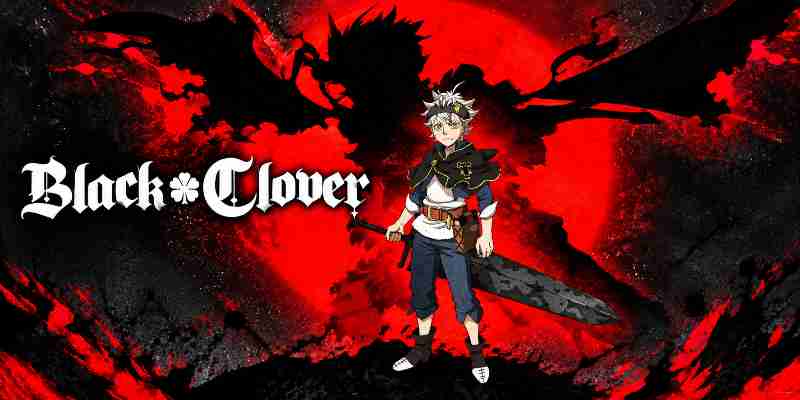 Image shows A dramatic Black Clover promotional poster featuring Asta standing boldly with his massive anti-magic sword, behind him we can see a shadow of his Devil-Union Battle form with Liebe (the devil inisde his Grimoire).