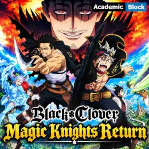 The image shows Asta and the Magic Knights in a dramatic magical battle, with a sinister figure looming in the background.