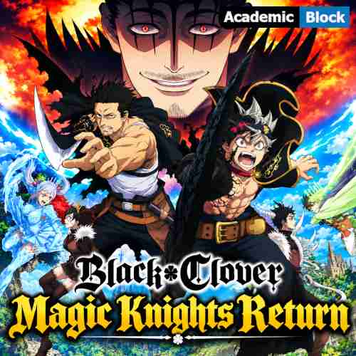 The image shows Asta and the Magic Knights in a dramatic magical battle, with a sinister figure looming in the background.