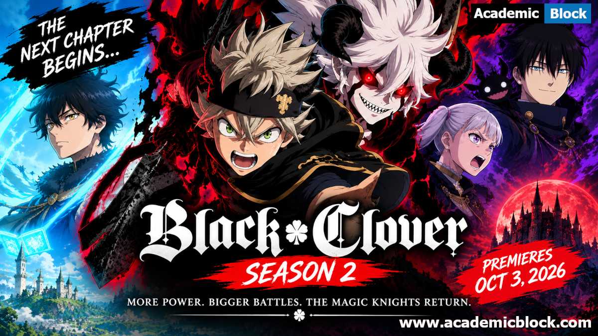 Image showing the Black Clover Season 2, featuring Asta and other major characters against a dramatic magical background. The image announces the October 3, 2026 premiere and highlights the return of the Magic Knights.