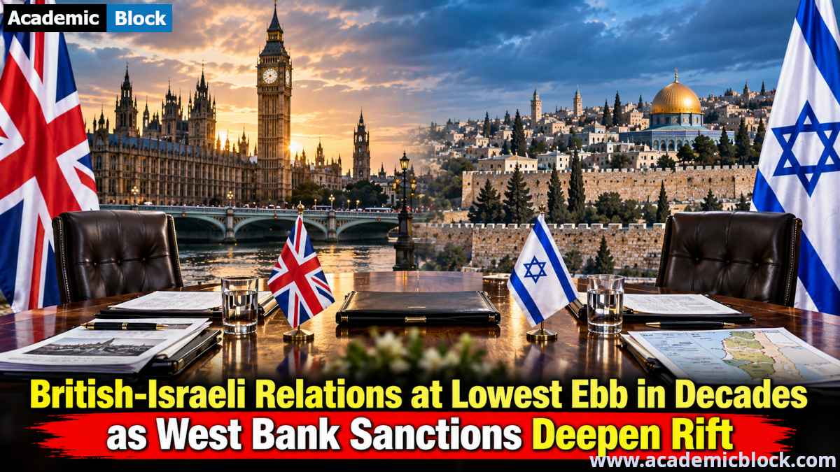 Image showing British and Israeli flags stand apart across a diplomatic table with London and Jerusalem landmarks, symbolizing deepening tensions over West Bank sanctions.