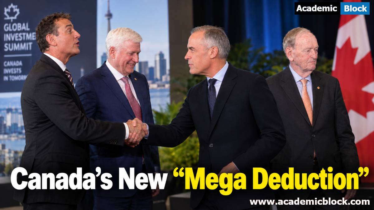 This image shows Bell Canada CEO Mirko Bibic and Prime Minister Mark Carney at an announcement in Toronto, joined by former prime ministers Stephen Harper and Jean Chrétien at the Canada Investment Summit 2026 in Toronto, Canada.