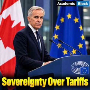 Image showing Canadian Prime Minister Mark Carney speaking at a podium with Canadian and EU flags during discussions on stronger Canada-EU relations and tariff pressures.