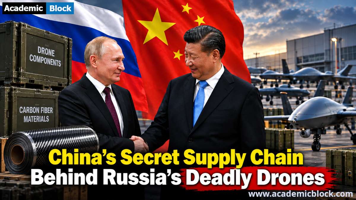 Image showing Chinese President Xi Jinping and Russian President Vladimir Putin shake hands as drones and carbon fiber materials highlight China’s reported supply chain to Russia’s drone industry.