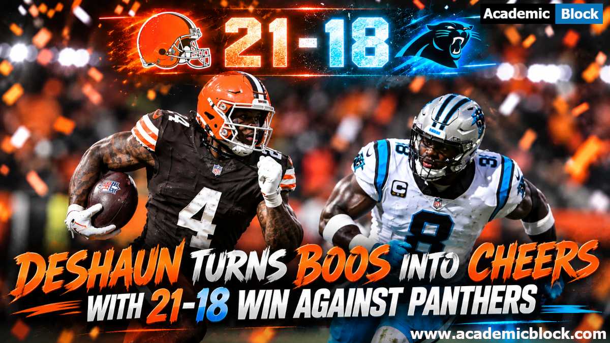 This image shows the quarterback of cleveland browns and corner back from carolina panthers running in the field.