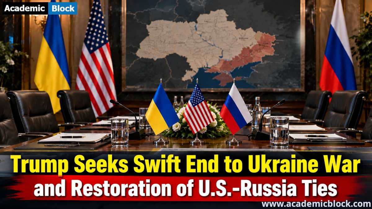 Image showing Diplomatic conference room with U.S., Russian and Ukrainian flags, symbolizing Trump’s push for a swift end to the Ukraine war and restored U.S.-Russia ties.