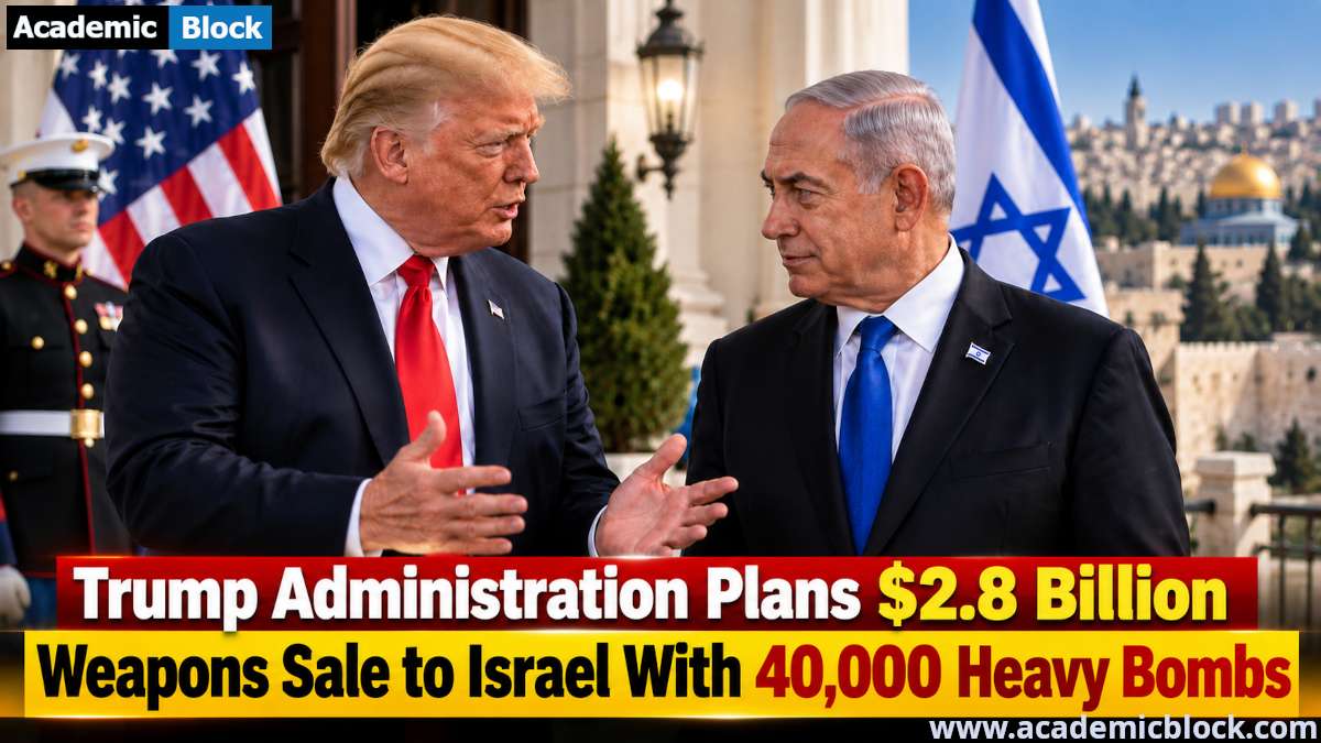 Image showing Donald Trump and Benjamin Netanyahu discuss US weapons support for Israel with US and Israeli flags in the background.