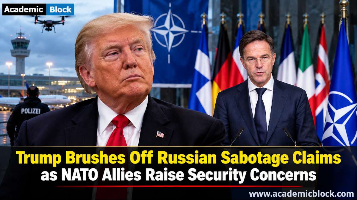 Image showing Donald Trump and NATO Secretary General Mark Rutte pictured with NATO flags, a European airport, and a surveillance drone amid Russian sabotage claims against NATO allies.