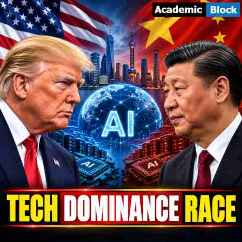 Image showing Donald Trump and Xi Jinping face off against US and Chinese flags, symbolizing the growing US-China AI and technology dominance race.