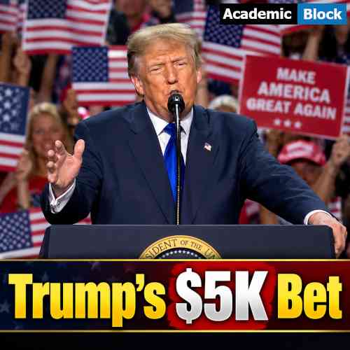 Image showing Donald Trump at a rally with American flags and a $5,000 payment graphic, highlighting his proposed Trump $5K Dividend.