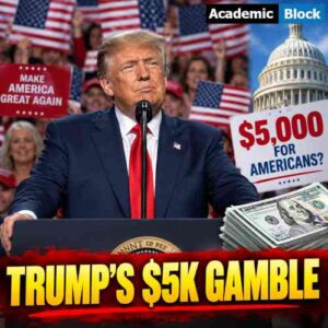 Image showing Donald Trump at a rally with American flags and a $5,000 payment graphic, highlighting his proposed Trump $5K Dividend.