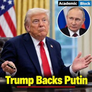 Image showing Donald Trump in a navy suit with Vladimir Putin shown in an inset. For the news article; Trump's support for Putin amid Russian sabotage claims against NATO allies.