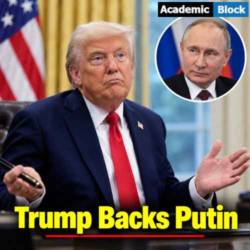 Image showing Donald Trump in a navy suit with Vladimir Putin shown in an inset. For the news article; Trump's support for Putin amid Russian sabotage claims against NATO allies.