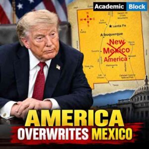 Image showing Donald Trump pictured beside a New Mexico map showing “New Mexico” crossed out and replaced with “America,” illustrating his controversial “New America” naming post.