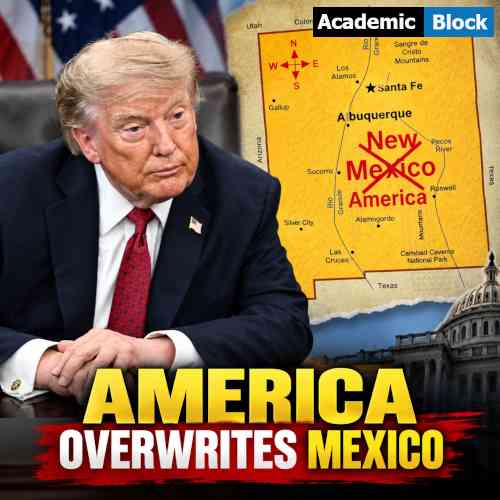 Image showing Donald Trump pictured beside a New Mexico map showing “New Mexico” crossed out and replaced with “America,” illustrating his controversial “New America” naming post.