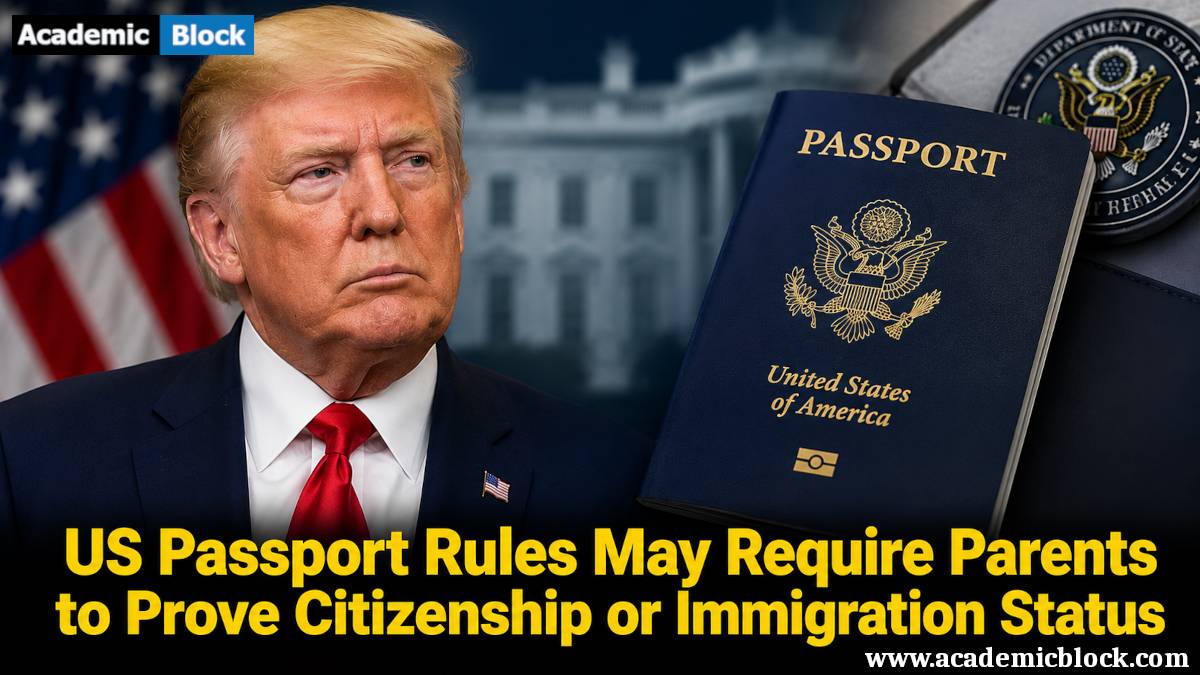image showing Donald Trump pictured with a U.S. passport and American flag, as proposed passport rules could require parents to prove citizenship or immigration status.