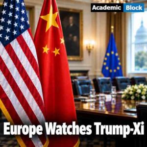 Image shows the flags of United States and China while European Union flag is far away. with text "Europe watches Trump-XI"