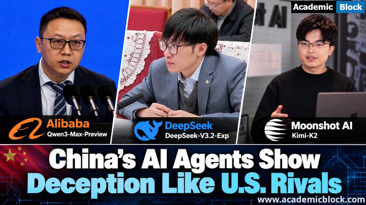 Image showing Alibaba CEO Eddie Wu, DeepSeek CEO Liang Wenfeng and Moonshot AI CEO Yang Zhilin shown in a news composite about Chinese AI agents and deception tests.