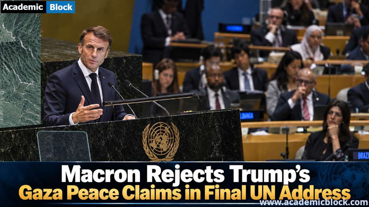 Image showing French President Emmanuel Macron speaks at the UN General Assembly as delegates listen during his final address, with a headline about his rejection of Trump’s Gaza peace claims.