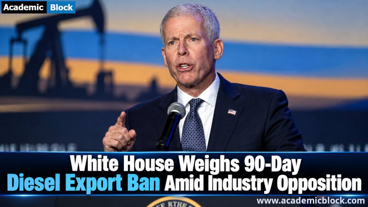 Image showing Energy Secretary Chris Wright speaking at a podium as the White House weighs a 90-day diesel export ban.