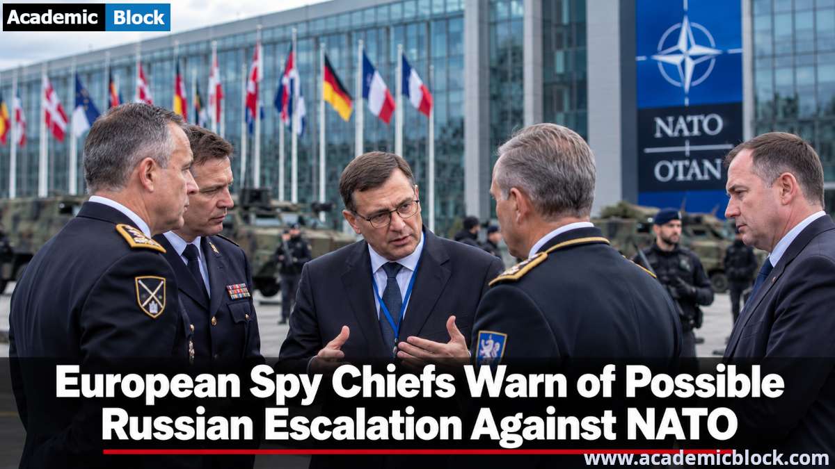 Image showing European military and intelligence officials discuss security concerns outside NATO headquarters amid warnings of possible Russian escalation against NATO.