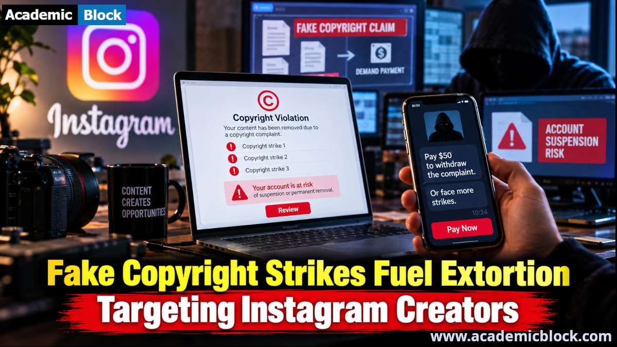 Image showing Fake copyright strikes targeting Instagram creators, with a payment demand, account suspension warning and an anonymous scammer shown in a news-style illustration.
