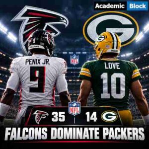Images shows Atlanta Falcons quarterback Michael Penix Jr. and Green Bay Packers quarterback Jordan Love face off in a cinematic NFL graphic after Atlanta’s 35-14 victory.