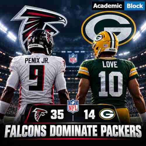 Images shows Atlanta Falcons quarterback Michael Penix Jr. and Green Bay Packers quarterback Jordan Love face off in a cinematic NFL graphic after Atlanta’s 35-14 victory.