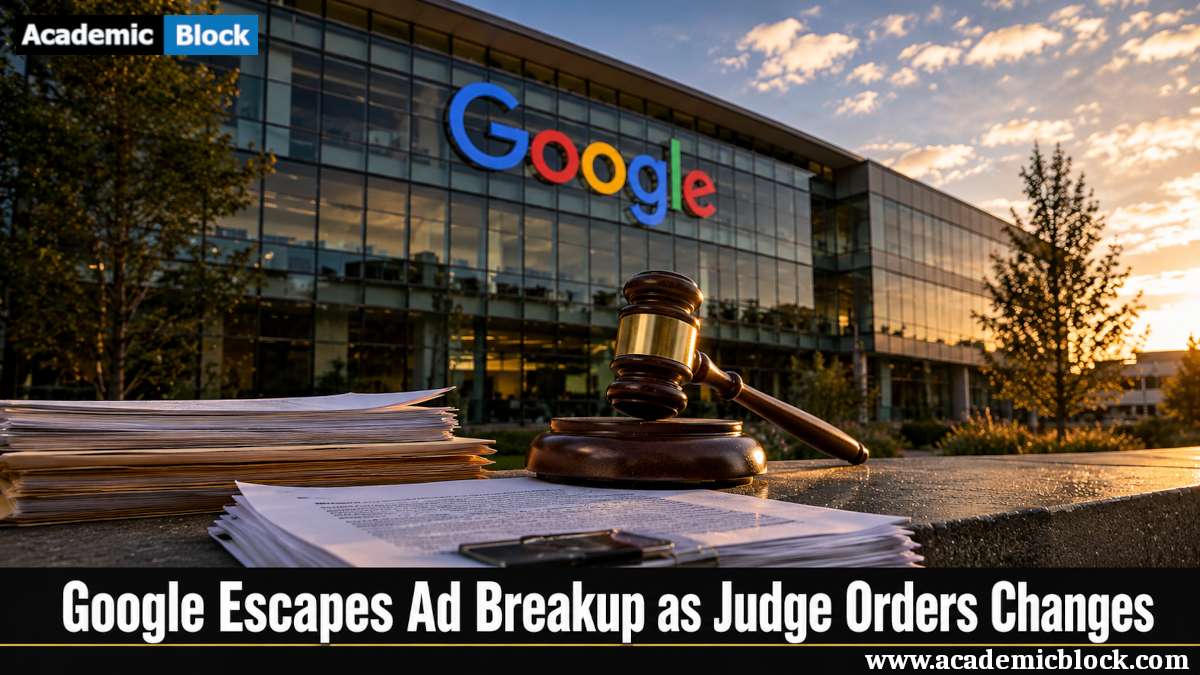 Image showing the Google headquarters, a courtroom gavel, and legal documents symbolize Google facing judicial changes to its advertising business.