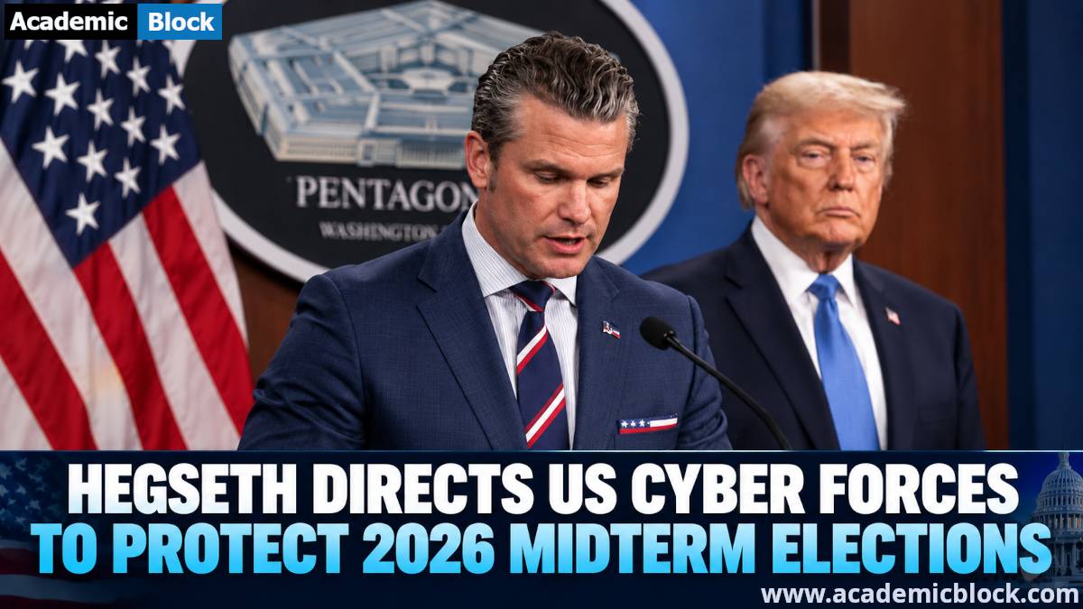 Image showing Hegseth speaks at a Pentagon briefing with U.S. flags as a headline highlights his directive for cyber forces to protect the 2026 midterm elections.