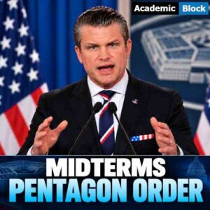 Image showing Pete Hegseth speaks at a podium as a graphic reads “MIDTERMS PENTAGON ORDER,” highlighting the Pentagon’s 2026 U.S. election security directive.
