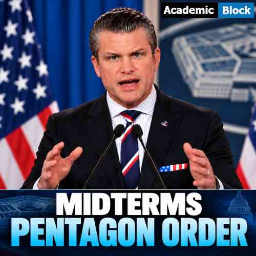 Image showing Pete Hegseth speaks at a podium as a graphic reads “MIDTERMS PENTAGON ORDER,” highlighting the Pentagon’s 2026 U.S. election security directive.