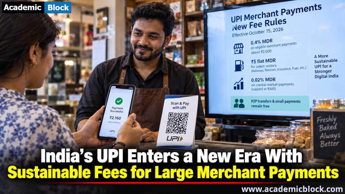 Image showing India’s UPI new fee framework shown through a customer making a QR payment at a shop, with new MDR rules for large merchant payments.